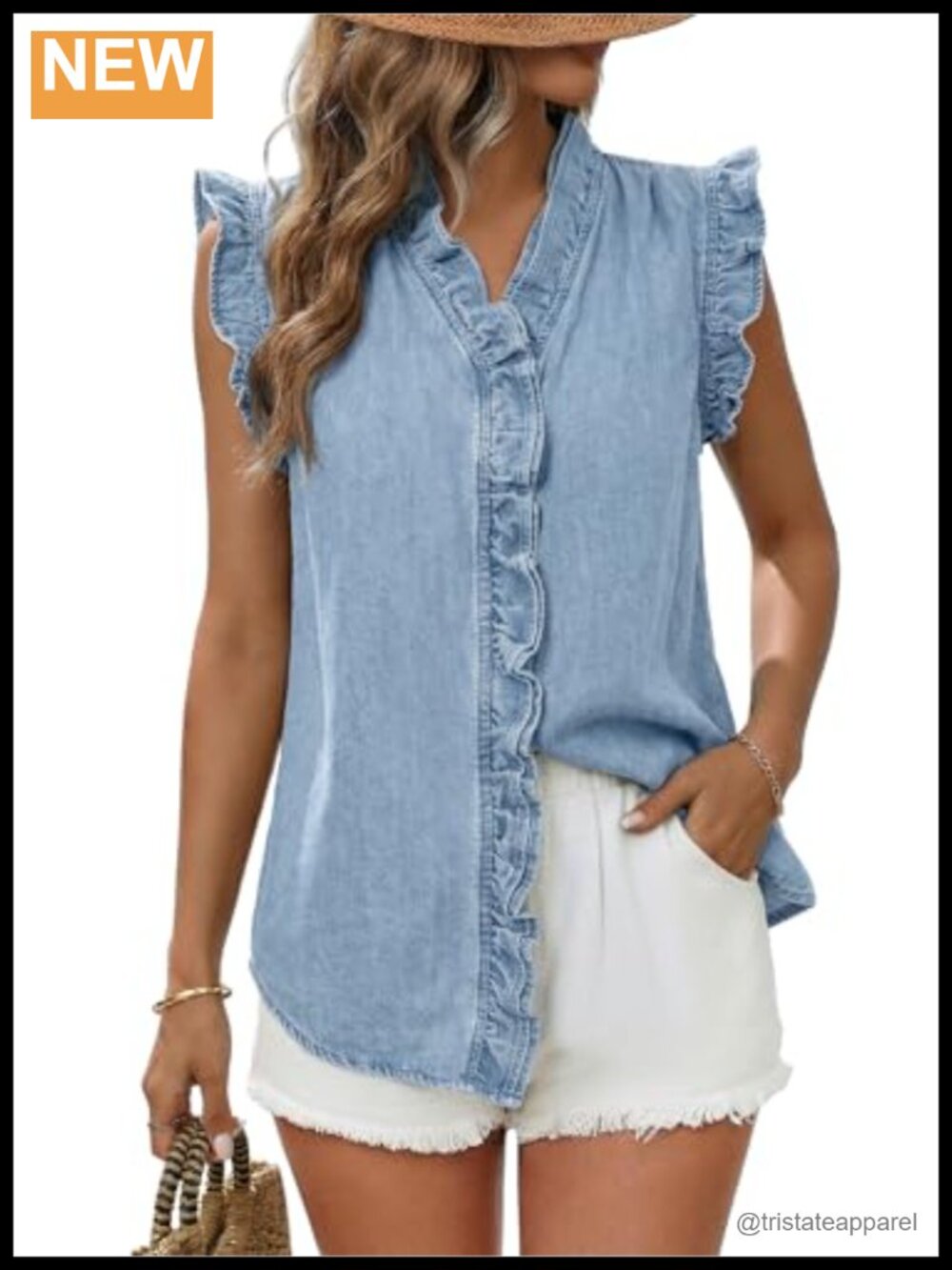 Denim Vest for Women Sleeveless Jean Ruffle Trim Button-Up Casual Layering